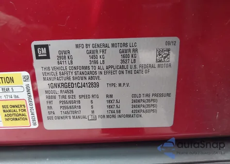 2012 Chevrolet Traverse 1Lt z USA, uszkodzony, nr VIN 1GNKRGED1CJ412839